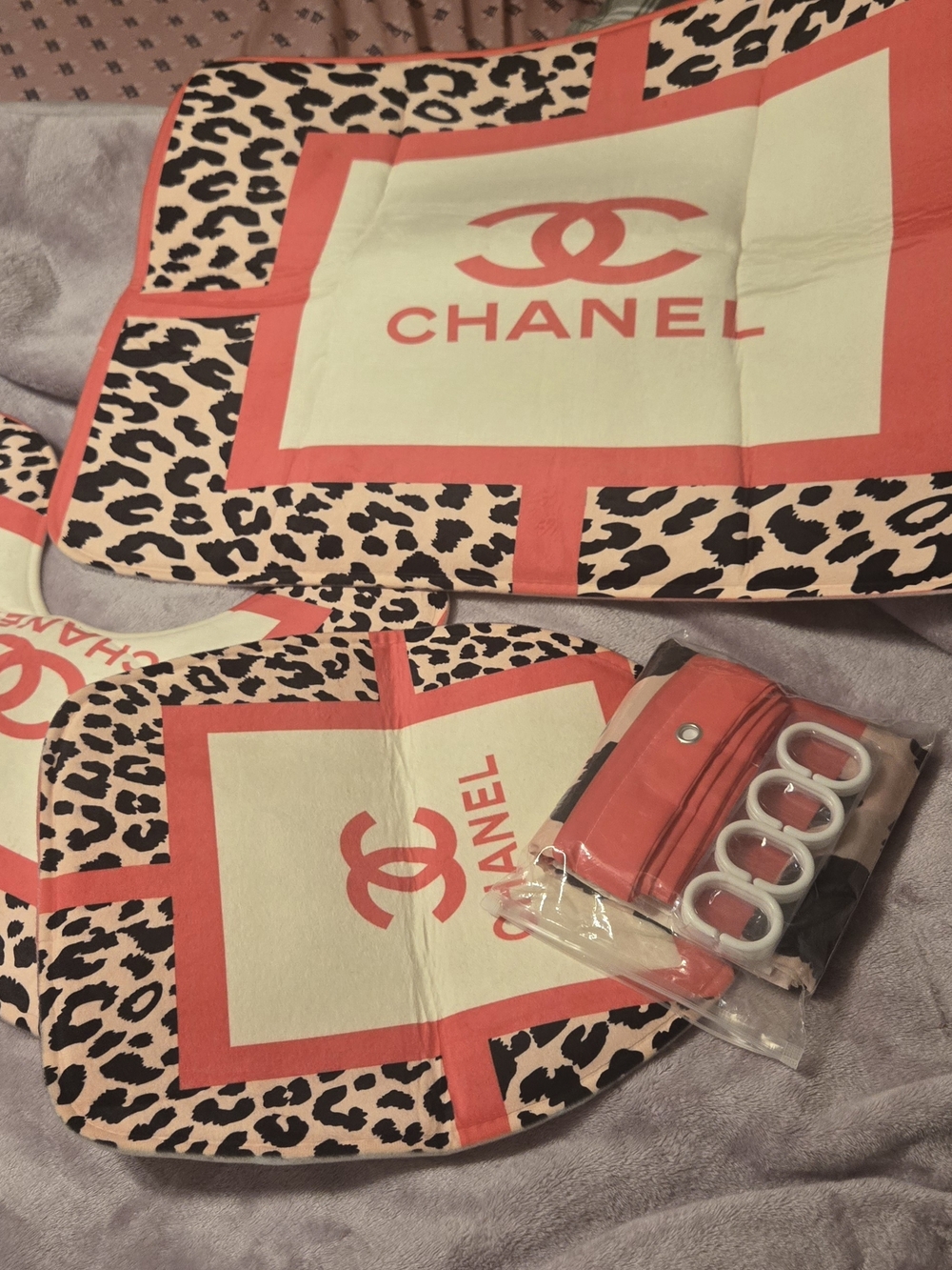 CHANEL Coral & Cream Leopard Logo Silk Scarf